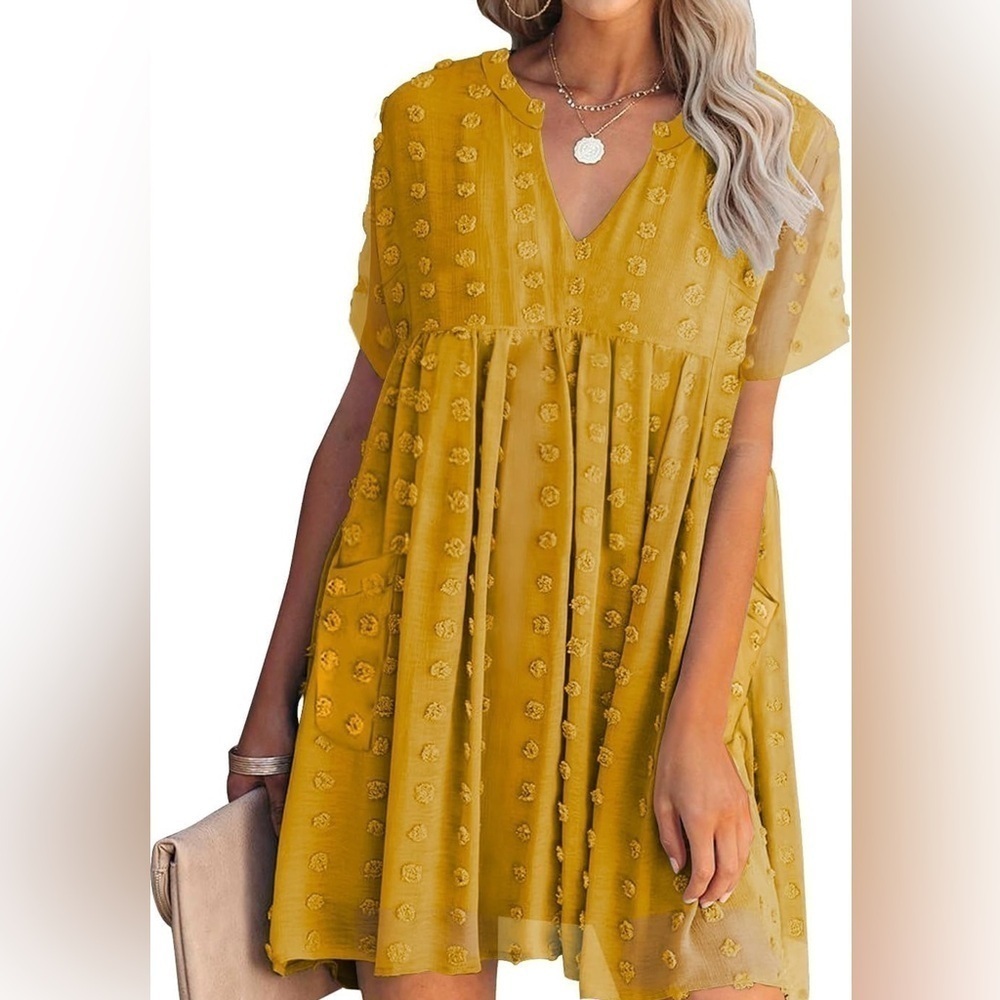 MIHOLL Swiss Dot Baby Doll Mini Dress Mustard Yellow Size L